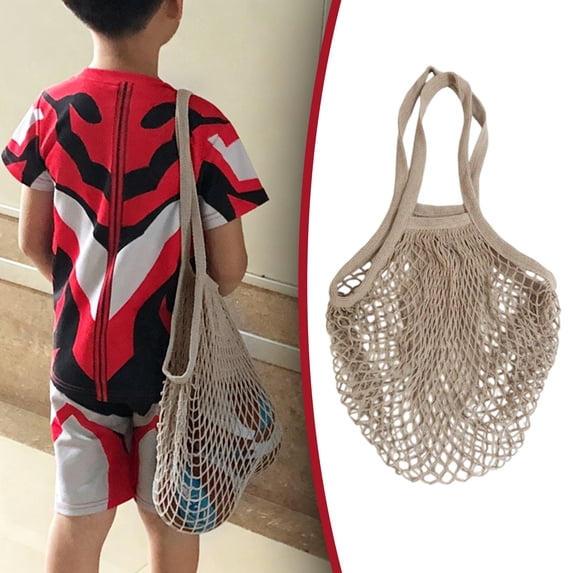 Reusable Cotton Mesh Produce Shopping Bags Washable Grocery Net Portable Fruit and Vegetable Cotton String Bags Long Handle Net Tote Organizer