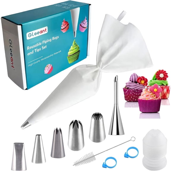 Reusable Cotton Piping Bags and Tips Set- Frosting Piping Kit for Baking 6pcs Large Stainless Icing Tips for Cake Decorating- 16inch Pastry Bags,Coupler I Professional Cupcake Kit (11)