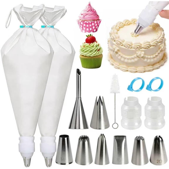 Reusable Cotton Piping Bags and Tips Set -Two 16inch Pastry with 8pcs Large Stainless Icing for Cake Decorating Cupcakes Cookies. Baking Kit Home Bakers & Chefs