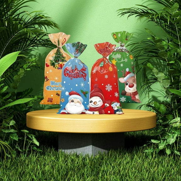 Reusable Creative Gift Bags, 50Pcs Xmas Candy Bags - 9 Styles 4-In-1 Opp Zip Tie Bags, Food-Safe Reusable Bags, Drawstring Closure, Festive Christmas Patterns, Hanging Ropes