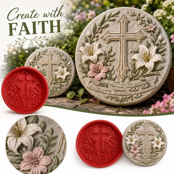 Reusable Cross&Lily Stepping Stone Mold, 13.8'' Round Stepping Stone Molds Cement Molds for Concrete, Silicone Concrete Mold for Casting Garden and Walkway, DIY Outdoor Decoration