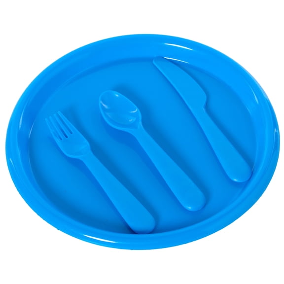 Reusable Cutlery Set of 4 Plastic Plates, Spoons, Forks and Knives for Baby and Toddlers, Blue