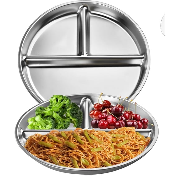 Reusable Dishes,3 Section Dinner Plate,Round Dinner Plates,Silver Kids Tray,Stainless Steel Rice Dishes