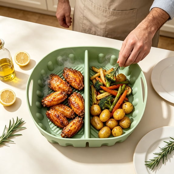 Reusable Divided Air Fryer Silicone Liner, 2-in-1 Air Fryer Silicone ...