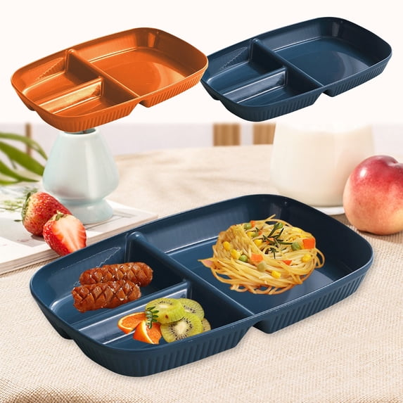 Reusable Divided Dinner Plate | Portion Control Tray for Adults | Lightweight Stackable Plastic Plate with Multiple Compartments | Blue & Orange | 26.5x18x3.5cm | Eco-Friendly Dining