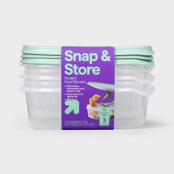 Reusable Divided Food Storage Containers, 28 fl oz, 3ct, Snap & Store Rectangular Containers for Leftovers