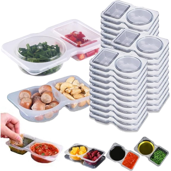 Reusable Double Compartment Snack Storage for Kids Adults, Travel Small Snackle Pack Storage Box with Lids, Mini Plastic Disposable Divided Container for To-go Sauce, Sampling