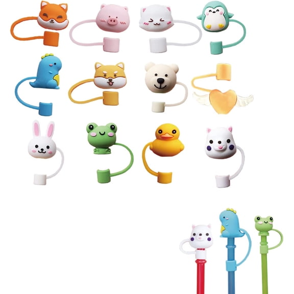 Reusable Drinking Straw Covers 12Pcs Food Grade Silicone Straw Covers Cap Cute Animals Straw Toppers Dust-Proof Portable Straw Protector Suitable for 0.3 inch (7mm) Straws