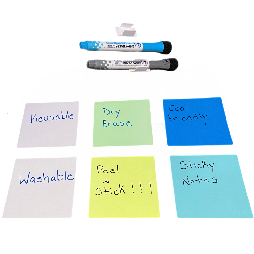 Reusable Dry Erase Sticky Notes with Markers & Clips Multi