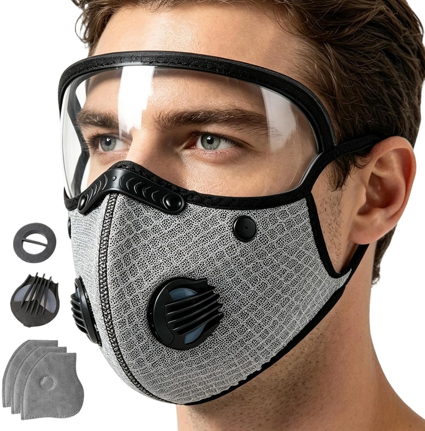 Close view of dual breathing valve dust mask