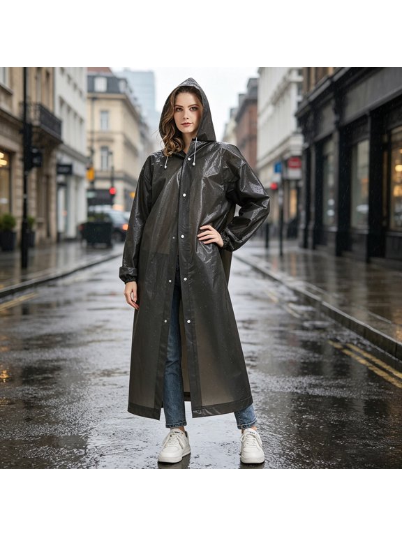 Reusable EVA Raincoat, TOUMENY Thickened Extended Length Waterproof Rain Poncho, Portable Windproof Rain Jacket with Cuff Closure for Adult Outdoor Hiking Travel Camping, Black