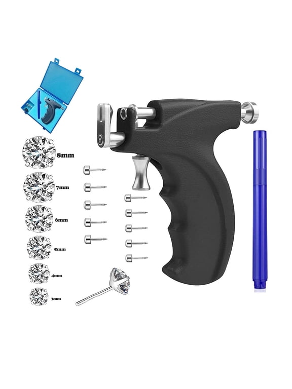 Reusable Ear Piercing Gun Kit Professional Body/Nose/Lip Piercing Set, Includes 6 Pairs Stud Earrings & 10 Gun Studs for Home Use (Black)