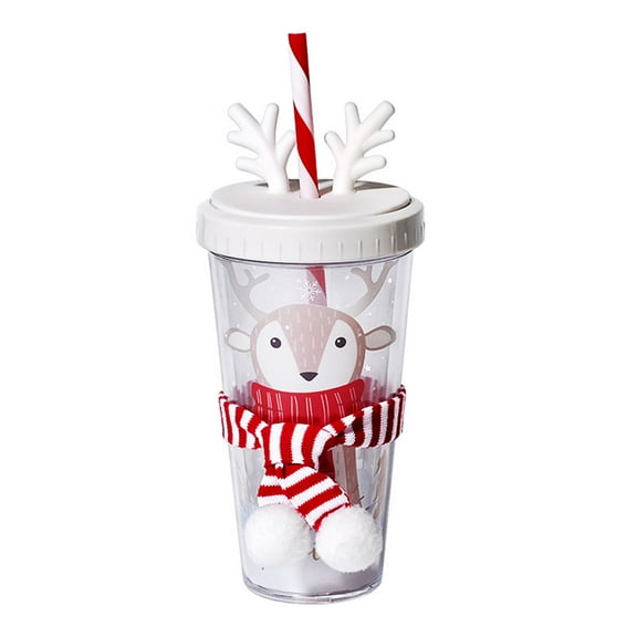 Reusable Elk Shape Plastic Tumblers Portable Straw Cup with Lid Christmas Travel Mug Double Wall Straw Cup