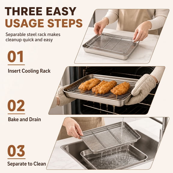 Reusable Everyday Stainless Steel Baking Sheet and Rack Set, Oven Tray with Removable Cooling Rack, Raised Rack Lets Cooking Juices Drain Below Food, for Cookies, Chicken, Roasting, Style B, Large