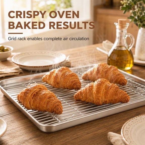 Reusable Everyday Stainless Steel Baking Sheet and Rack Set, Oven Tray with Removable Cooling Rack, Raised Rack Lets Cooking Juices Drain Below Food, for Cookies, Chicken, Roasting, Style A, Medium