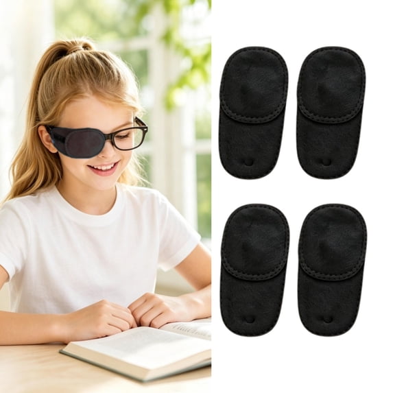 Reusable Eye Patches for Children Glasses, 4 Pack Soft‑Plush Lazy Eye Occlusion Pad, Amblyopia Strabismus Treatment Eyewear Cover(Black)