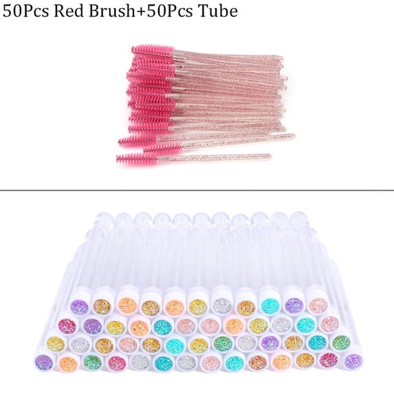 Reusable Eyebrow Brush Tube Eye Lash Brush Replaceable Mascara Wands Dust-proof Sparkling Diamond Eyelash Extension Makeup Tools Red and 50pcs
