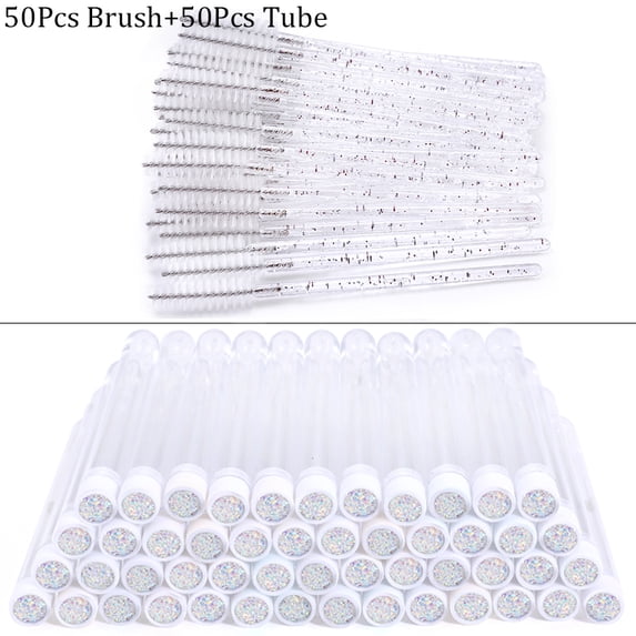 Reusable Eyebrow Brush Tube Eye Lash Brush Replaceable Mascara Wands Dust-proof Sparkling Diamond Eyelash Extension Makeup Tools White and 50pcs