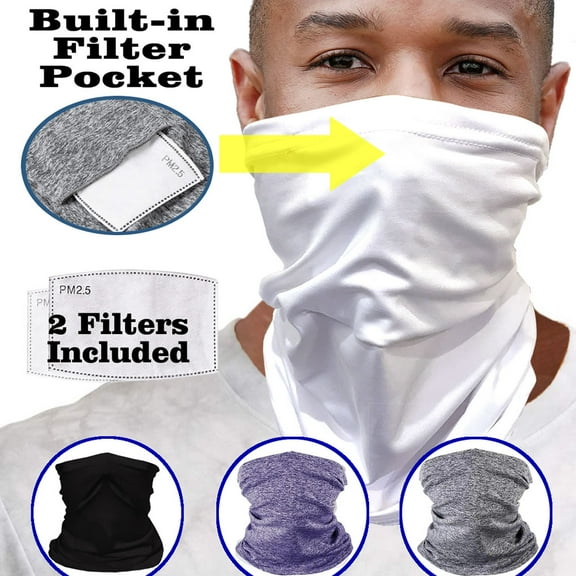 Reusable Face Cover Gaiter with Pocket, Washable Cooling Face Mask, Unisex Full Neck Tube Bandanas Multifunctional Headwear Balaclava, White, 2 Filters included