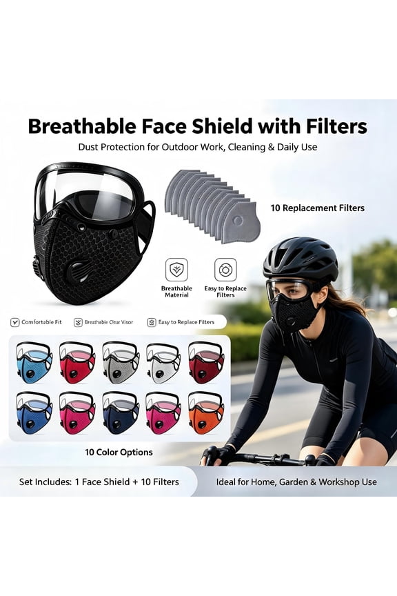 Reusable Face Mask with Detachable Eye Shield, Breathable Mesh Mask with 10 Exhalation Valves, Washable Anti‑Dust Protective Mask for Cycling Outdoor Daily Use Black