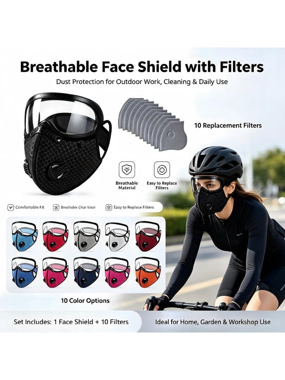 Reusable Face Mask with Detachable Eye Shield, Breathable Mesh Mask with 10 Exhalation Valves, Washable Anti‑Dust Protective Mask for Cycling Outdoor Daily Use Black