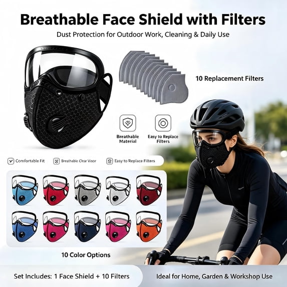 Reusable Face Mask with Detachable Eye Shield, Breathable Mesh Mask with 10 Exhalation Valves, Washable Anti‑Dust Protective Mask for Cycling Outdoor Daily Use Red