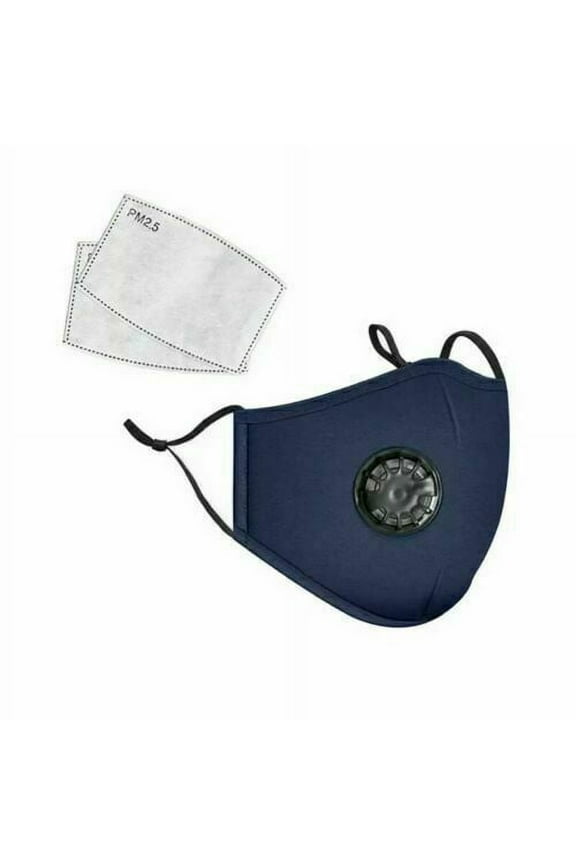 Reusable Face Mask with Breathing Air Valve and 2 Free Carbon Filters (Navy Blue)