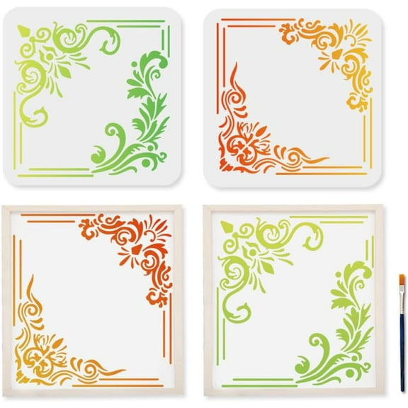 Reusable Floral Corner Stencil Templates - 2 Pack 11.8x11.8 Inch Square Border Design