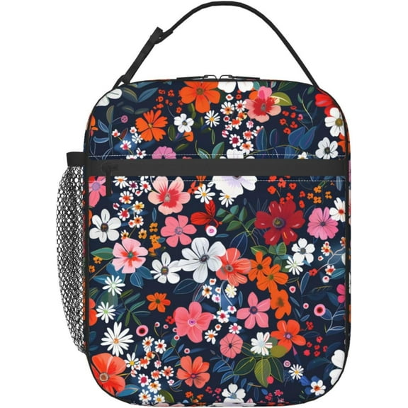 Reusable Floral Lunch Box for Women Adult Insulated Cute Flower Lunch Bag Home Birthday Gift Cooler Handbags Case for Picnic Work Travel Beach or Hiking (Navy Blue)