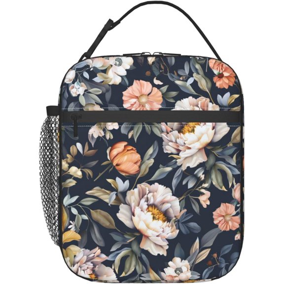 Reusable Floral Lunch Box for Women Adult Insulated Peony Lunch Bag Home Birthday Gift Cooler Flower Handbags Case for Picnic Work Travel Beach or Hiking (Dark)