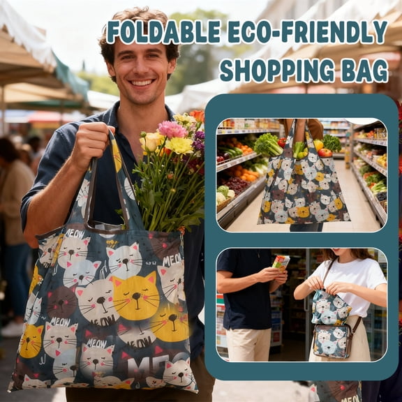 Reusable Foldable Cat Print Shopping Bag, Large Capacity Eco-Friendly Tote Bag, Waterproof Grocery Bag for Shopping, Travel, Daily Use, Cute Cat Lover Gift
