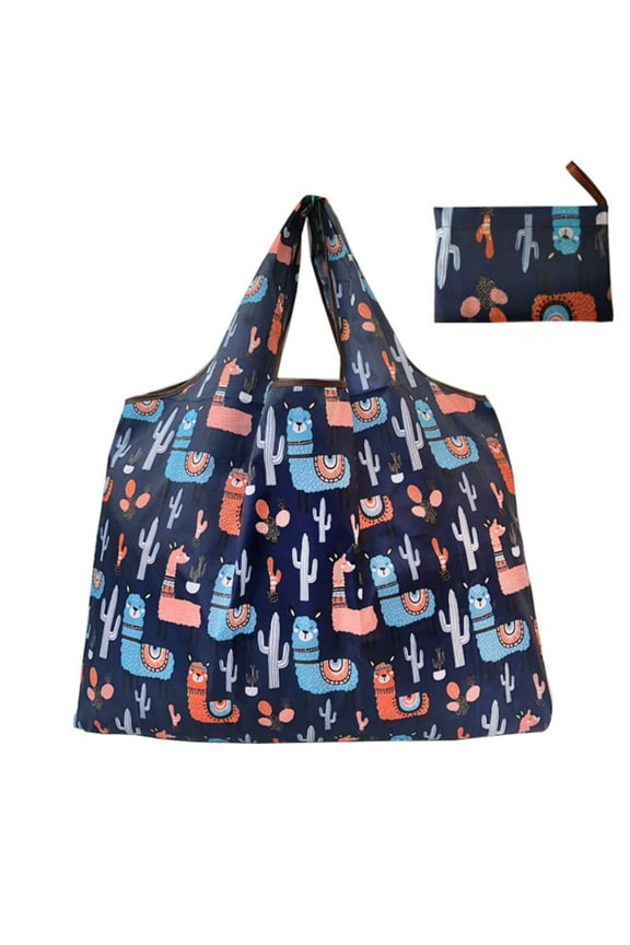 Reusable Foldable Grocery Bag, Large Capacity Ripstop Nylon Tote with Shoulder Strap, Cute Print Shopping Bag for Beach, Travel & Daily Use, Random Pattern
