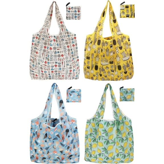 Reusable Foldable Shopping Bags, 4 Pack - Lightweight And Compact, Grocery Totes With Summer Patterns, Machine Washable And Durable, Ideal For Groceries, Travel, And Daily Use