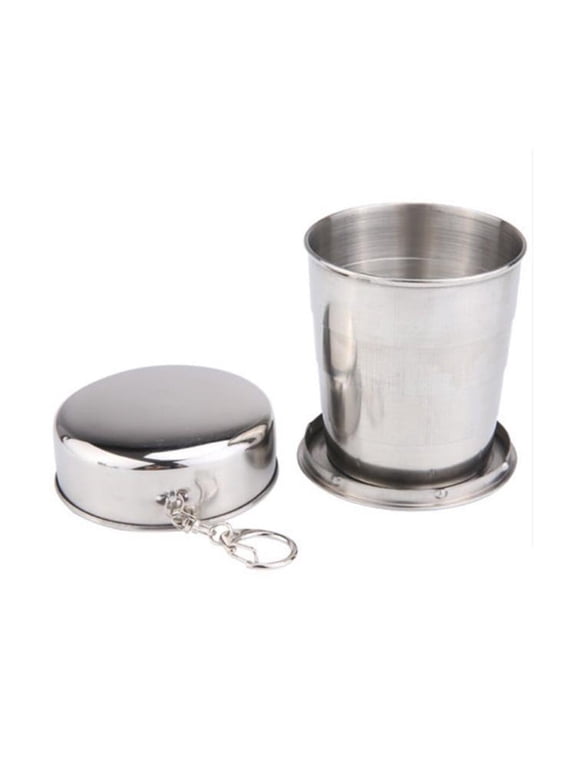 Reusable Folding Cup with Stainless Steel Body, Collapsible Shot Glasses with Keychain, Portable Telescopic Travel Cup with Lid for Camping Hiking Cycling Picnic Outdoor Backpacking Trekking