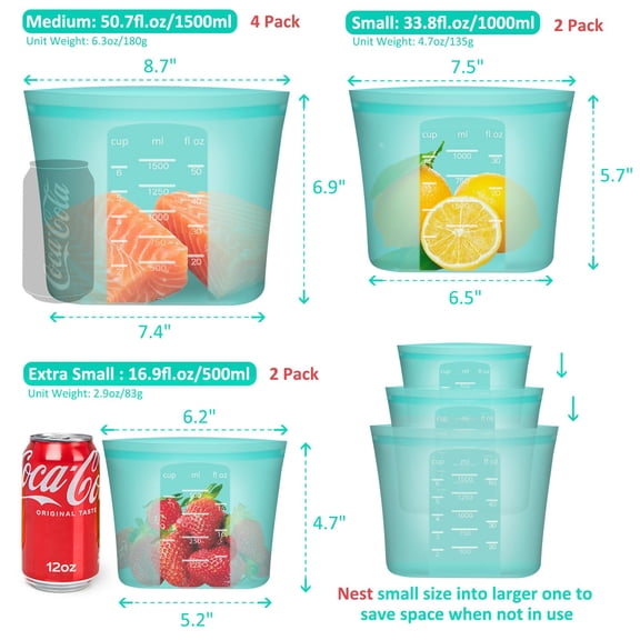 Reusable Food Bags 8 Pack Silicone Storstand Up Zip Lock Container Freezerwave Oven Dishwasher Safe 4 Medium 2 Small 2 Extra Aqua