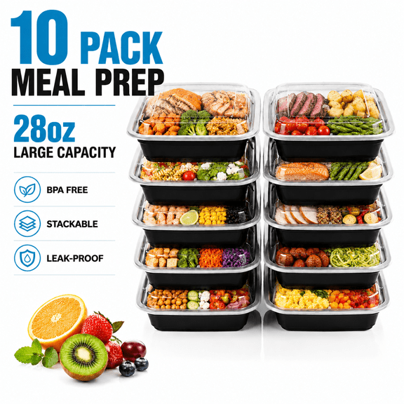 Reusable Food Containers with Lids, 10 Pack 28oz Meal Prep Storage, Stackable 1-Compartment, Microwave Freezer & Dishwasher Safe, BPA-Free Plastic