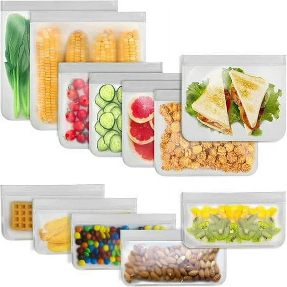Reusable Food Storage Bags - 12 BPA Free Reusable Freezer Bags (2 Gallon & 5 Sandwich & 5 Snack Size Bags) Leak Proof Freezer Bags for Meat Fruit & Vegetables