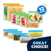 Reusable Food Storage Bags - 12 Count BPA Free Reusable Freezer Bags (2 Gallon & 5 Sandwich & 5 Snack Size Bags) Leak Proof Freezer Safe Bag for Meat Fruit Vegetable