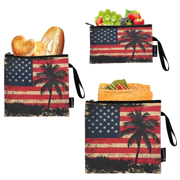 Reusable Food Storage Bags with Eco-Friendly EVA Lining Lunch Bag for Lunch, Travel & Organization American Flag with Palm Trees