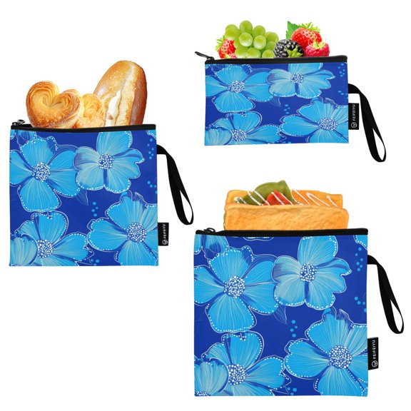 Reusable Food Storage Bags with Eco-Friendly EVA Lining Lunch Bag for Lunch, Travel & Organization Blue Flowers Small Dot Design
