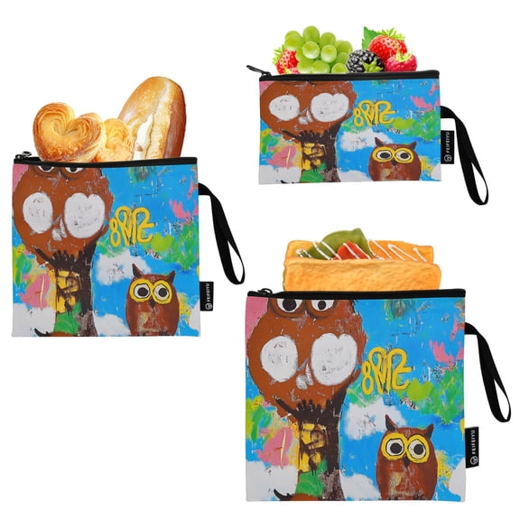 Reusable Food Storage Bags with Eco-Friendly EVA Lining Lunch Bag for Lunch, Travel & Organization Cartoon Owls