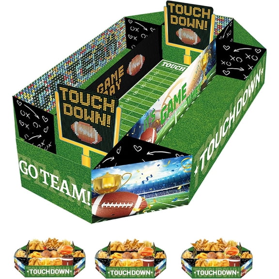 Reusable Football Snack Tray Set, 3-Pack - 9-Compartment Stadium-Themed Plastic Serving Tray for Game Day, Tailgate & Birthday Party Supplies - 13.3" L x 9.25" W (Octagon Shape)