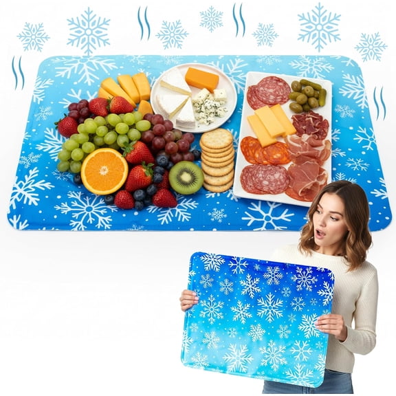 Reusable Freezable Ice Mat - 2Pcs Cooling Keeping Food Fresh Serving Tray for Outside Picnic Party Buffet, 19.7 x 15.7 in White Snowflake Charcuterie Chilling Mats Cheese Deli Veggie