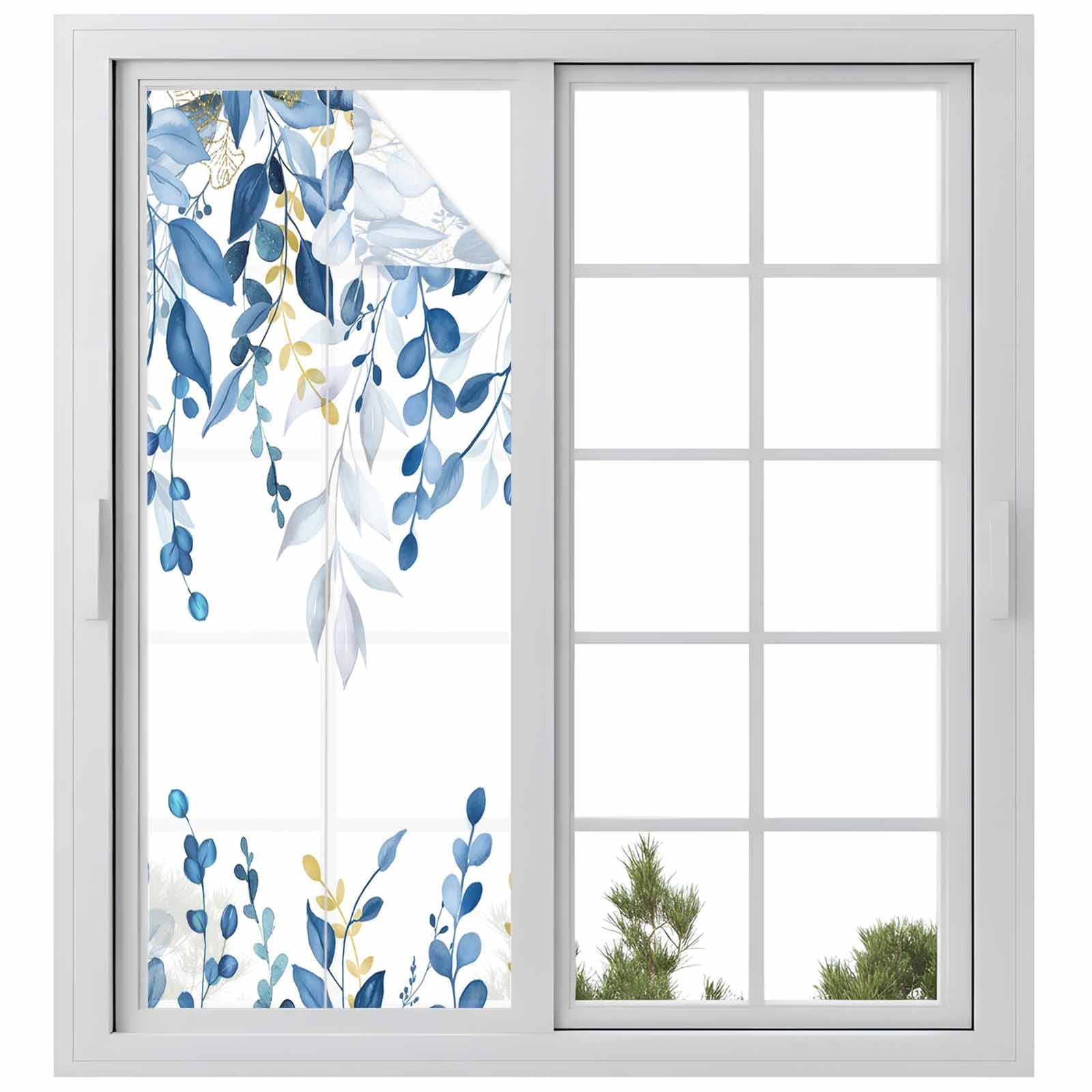 Reusable Frosted Window Coverings, Blue Eucalyptus Leaves Window Privacy Film Frosted, Farmhouse Botanical Watercolor Sun Blocking Windows Stickers for Kitchen Front Door, 23.6 x 59 Inches