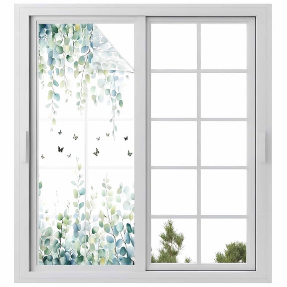 Reusable Frosted Window Coverings, Eucalyptus Leaves Window Privacy Film Frosted, Spring Pastoral Butterfly Botanical Sun Blocking Windows Stickers for Kitchen Front Door, 23.6 x 59 Inches