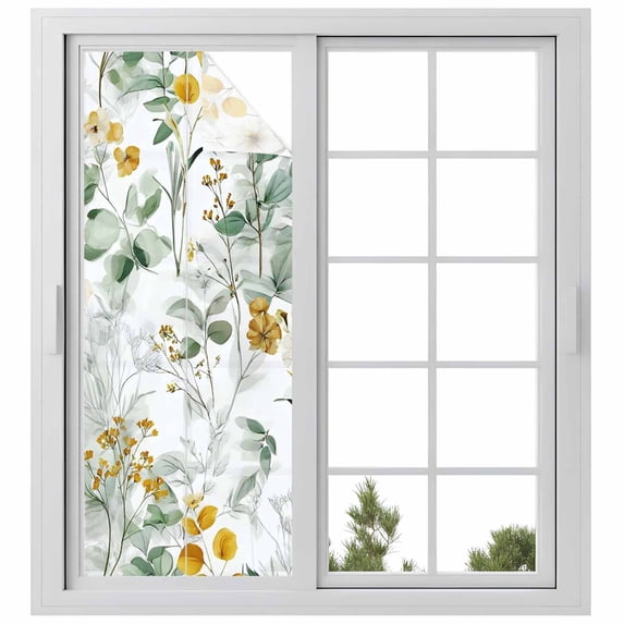Reusable Frosted Window Coverings, Sage Green Eucalyptus Window Privacy Film Frosted, Spring Floral Botanical Farmhouse Sun Blocking Windows Stickers for Kitchen Front Door, 23.6 x 59 Inches