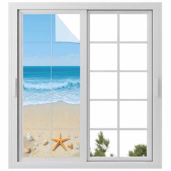 Reusable Frosted Window Coverings, Summer Beach Window Privacy Film Frosted, Coastal Ocean Waves Starfish Shell Sun Blocking Windows Stickers for Kitchen Front Door, 23.6 x 59 Inches