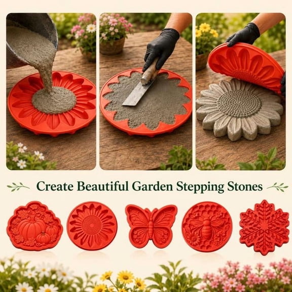 Reusable Garden Stepping Stone Molds - DIY Concrete & Plaster Walkway Maker, 1-Pack Decorative Cement Mold for Backyard Patio Lawn Path, Flower, Butterfly, Pumpkin, Bee, Snowflake Shapes