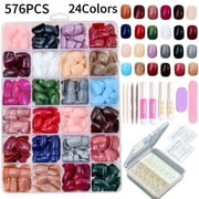Reusable Gel Press on Nails Kit, 24 Colors 576PCS Press on Nails Short Square, Glossy Short Fake Nails with Glue DIY Gift