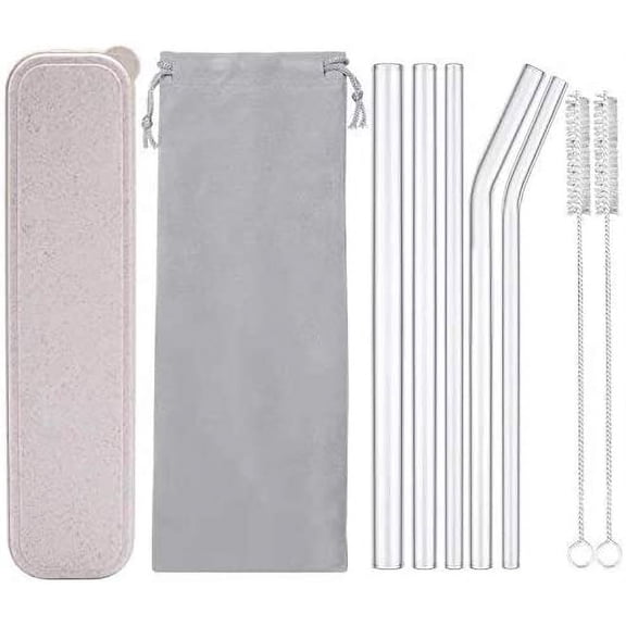 Reusable Glass Drinking Straws, Healthy Smoothie Straws, ECO Friendly - BPA Free, 9" x 0.55" / 0.4" / 0.32", 5 Pack with Cleaning Brush (Mixed Size)